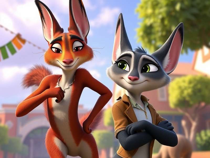 Concept art of Zootopia cityscape at dusk with neon lights