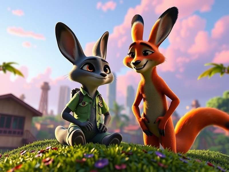 Official Zootopia movie trailer key visual showing Judy Hopps and Nick Wilde in Zootopia city