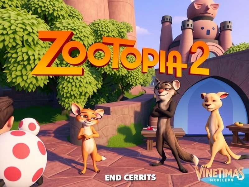 Screenshot from Zootopia 2 end credits showing animated backgrounds of different districts