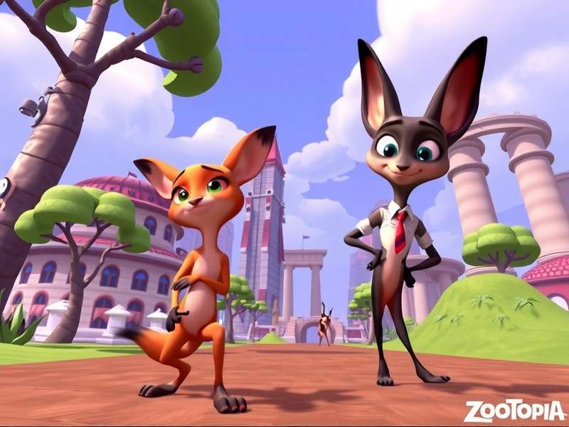 Zootopia main characters Judy Hopps and Nick Wilde in modern Zootopia skyline