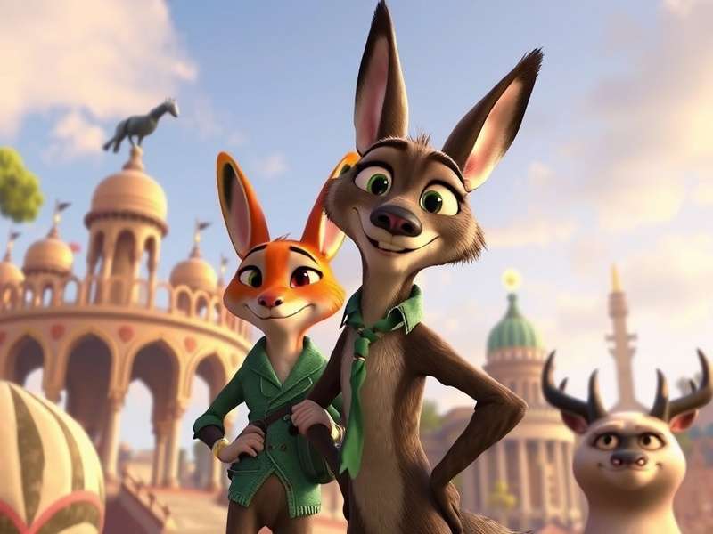 Concept art of a futuristic Zootopia cityscape with Judy Hopps and Nick Wilde looking forward