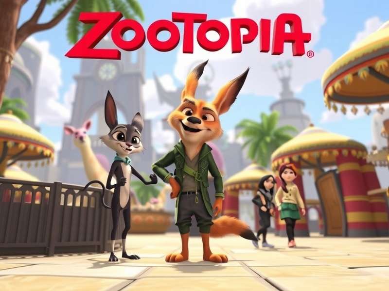 Zootopia city skyline with vibrant neon lights and animal characters