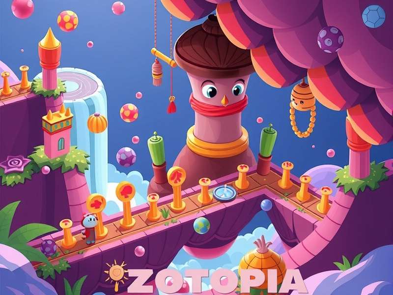 Zootopia city skyline at sunset with vibrant neon lights and animal silhouettes